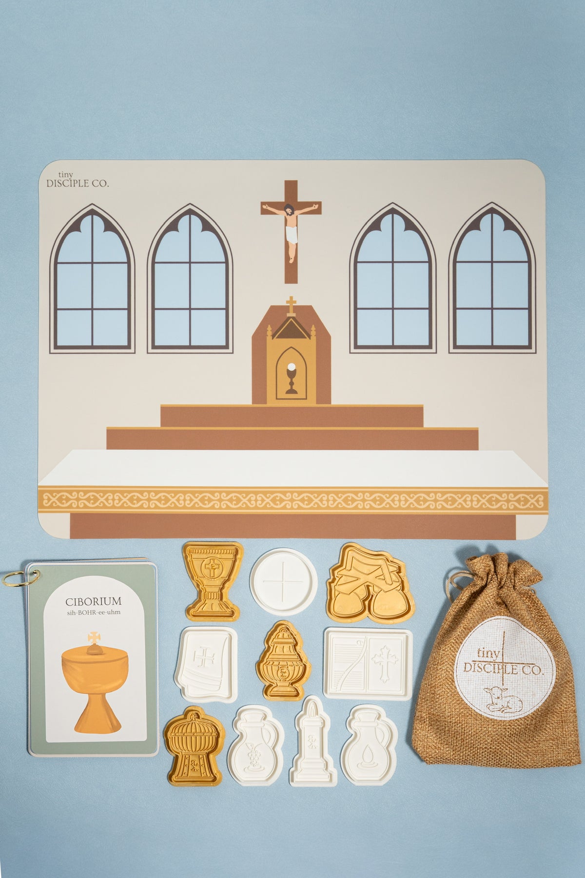 Catholic Toy featuring silicone mat, play dough molds, flashcards and a drawstring bag